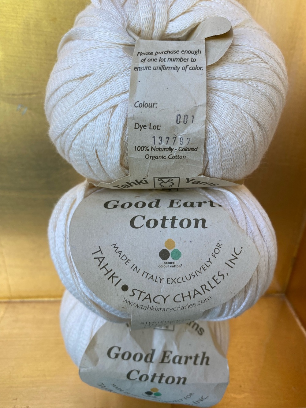 100% Organic Cotton Yarn “Good Earth Cotton” by Tahki Yarns. Made in Italy